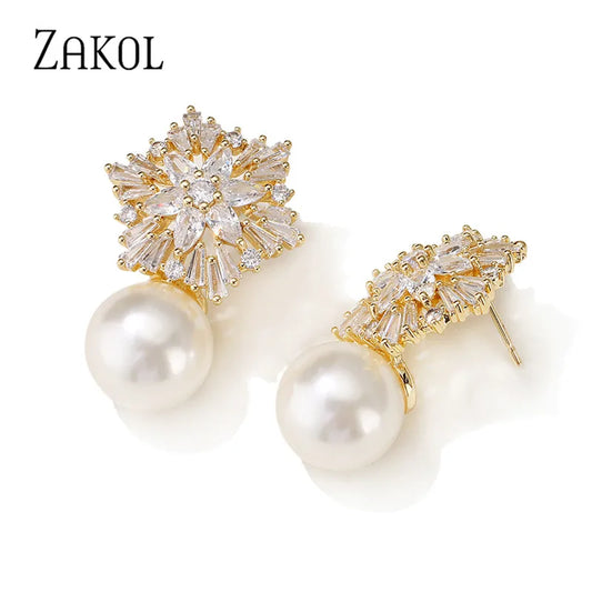 Newest Snowflake Flowers AAA Cubic Zirconia Pearl Drop Earrings for Women Fashion Jewelry Christmas Birthday Gifts EP2917