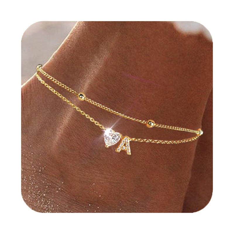 26 Letter Heart Zircon Layered Anklet