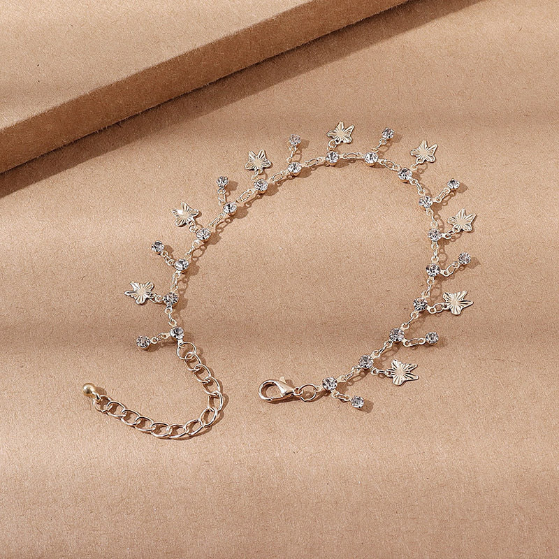 Gold Butterfly Tassel Anklet – Floral & Leaf Charm Beach Jewelry