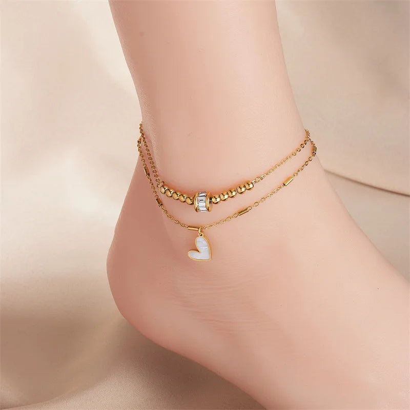 Gold Double-Layer Heart Anklet – Boho Chain Leg Jewelry
