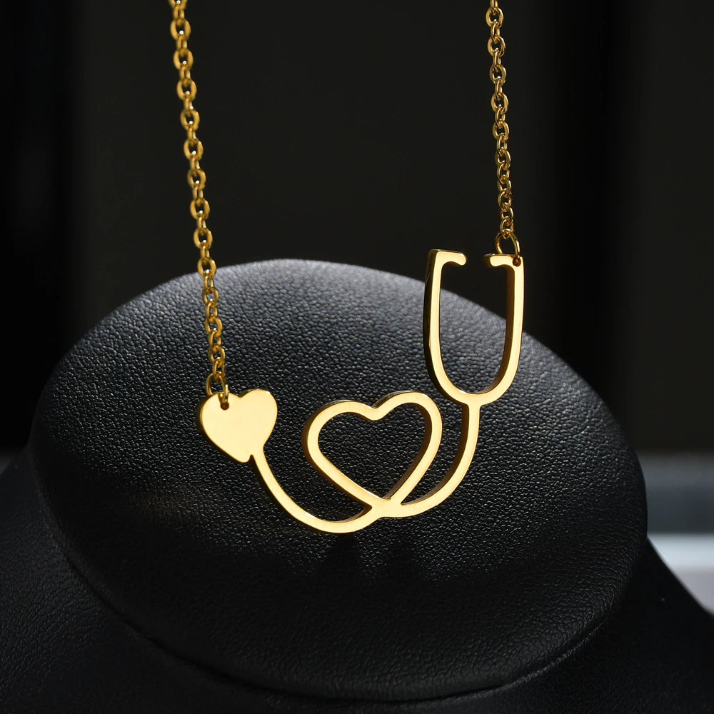 Sifisrri Stethoscope Heartbeat Gold Color Pendants Necklace Stainless Steel for Women Heart Love Valentine'S Day Jewelry Gift
