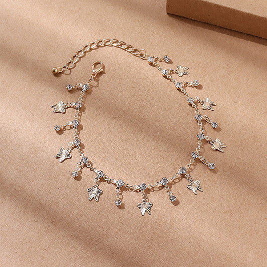 Gold Butterfly Tassel Anklet – Floral & Leaf Charm Beach Jewelry