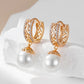 Luxury 585 Rose Gold Color Pearl Drop Earrings for Women Unique Hollow Pattern Natural Zircon Bridal Wedding Fine Jewelry