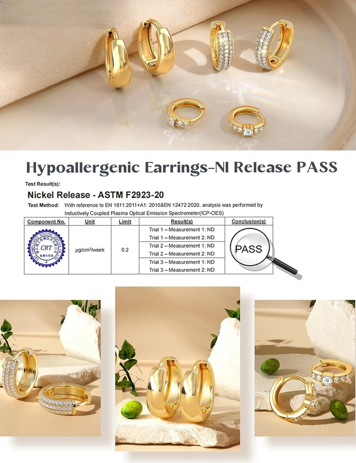 3Pcs Women 18K Gold Plated Chunky CZ Hoops Earrings for Sensitive Ears Non Tarnish Huggie Earring Stacks for Multiple Piercing