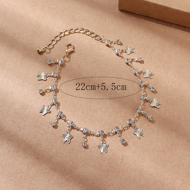 Gold Butterfly Tassel Anklet – Floral & Leaf Charm Beach Jewelry