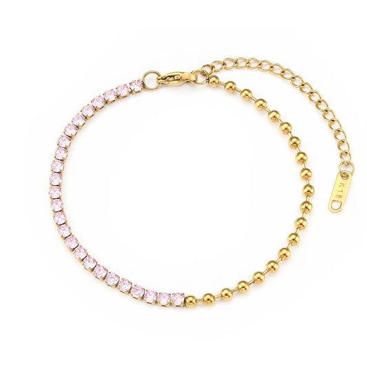 Women’s Gold-Tone Pink Crystal & Beaded Chain Bracelet – Adjustable Statement Jewelry