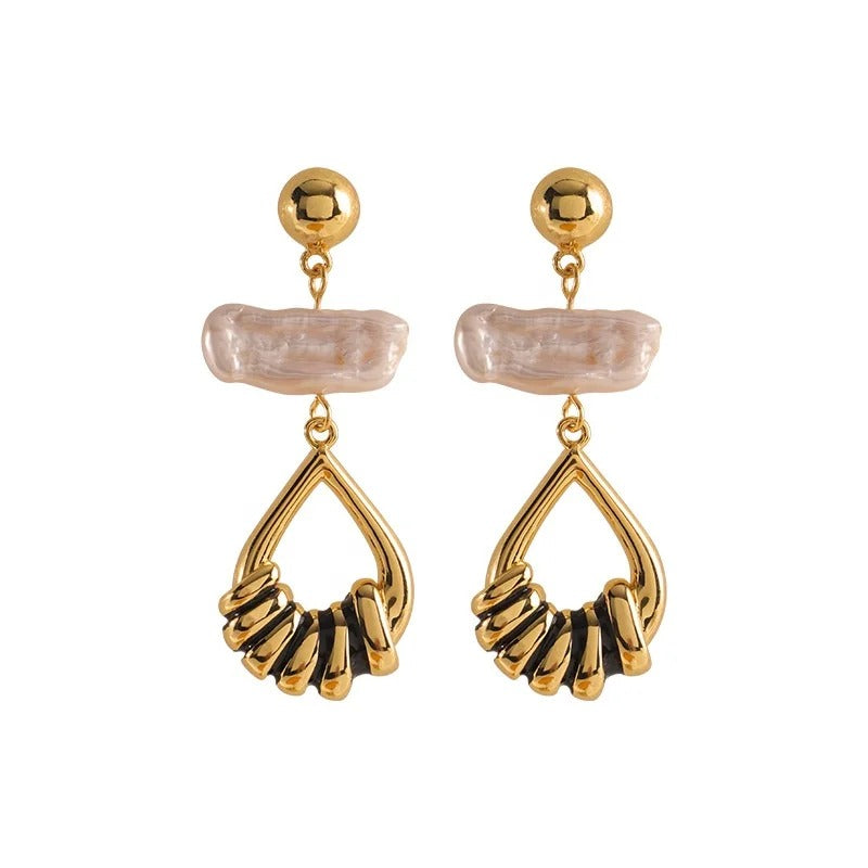 Women’s Gold-Tone Geometric Drop Earrings with Pearl-Style Accent