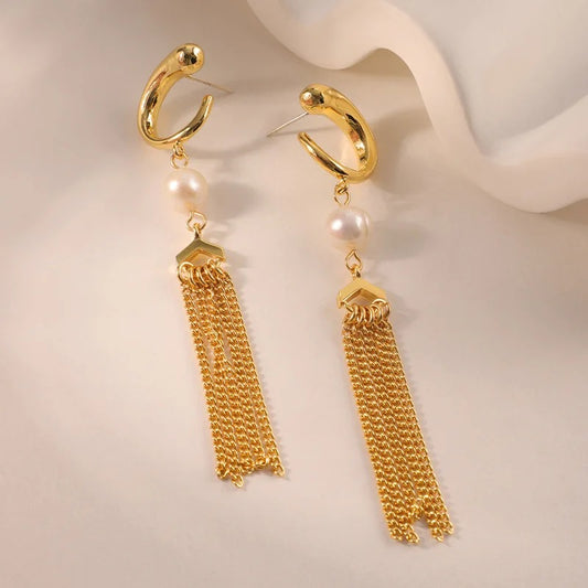 Women’s Gold-Tone Pearl Tassel Drop Earrings – Long Chain Statement Jewelry