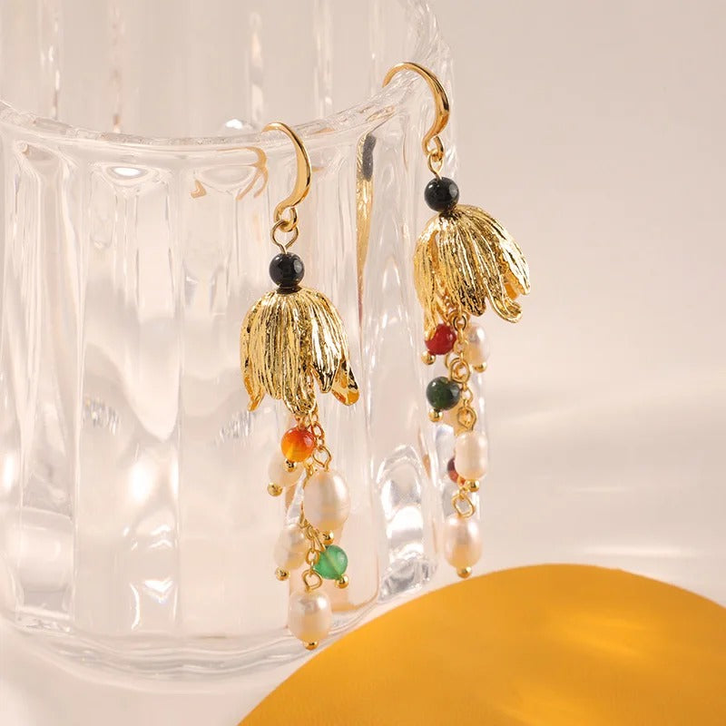 Women’s Gold-Tone Floral Pearl Drop Earrings with Colorful Bead Accents
