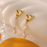 Women’s Gold-Tone Heart Floral Pearl Drop Earrings – Colorful Statement Jewelry