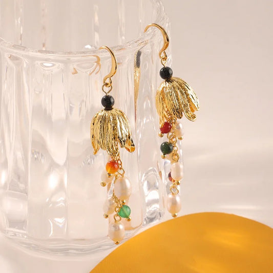 Women’s Gold-Tone Floral Pearl Drop Earrings with Colorful Bead Accents