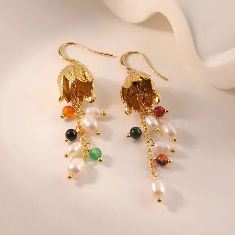 Women’s Gold-Tone Floral Pearl Drop Earrings with Colorful Bead Accents