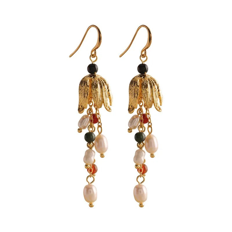 Women’s Gold-Tone Floral Pearl Drop Earrings with Colorful Bead Accents