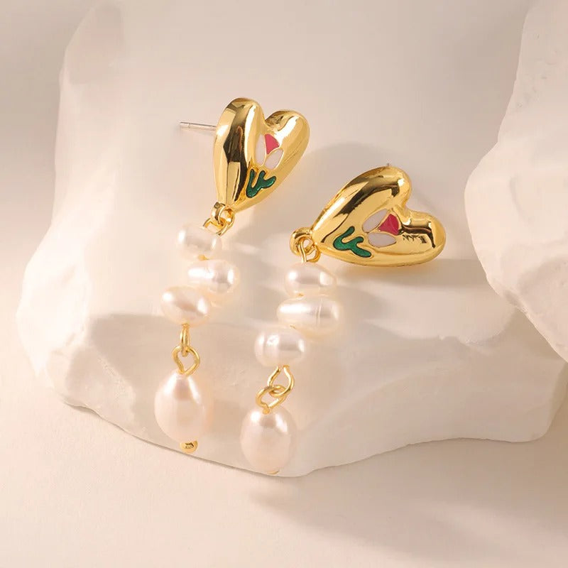 Women’s Gold-Tone Heart Floral Pearl Drop Earrings – Colorful Statement Jewelry