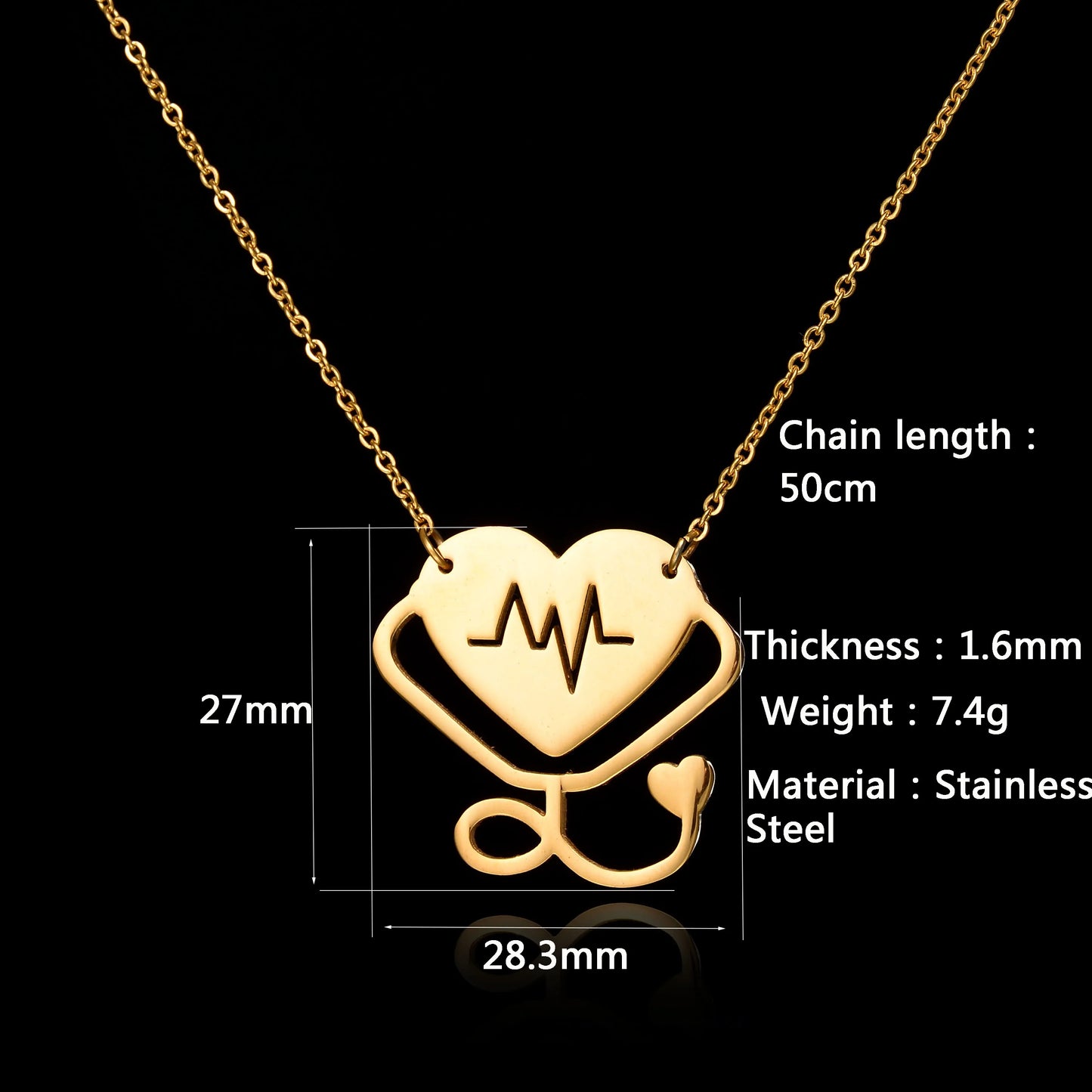 Sifisrri Stethoscope Heartbeat Gold Color Pendants Necklace Stainless Steel for Women Heart Love Valentine'S Day Jewelry Gift
