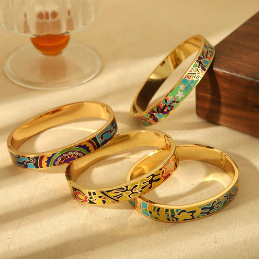 Women’s Gold-Tone Multicolor Pattern Bangle Bracelet – Statement Jewelry