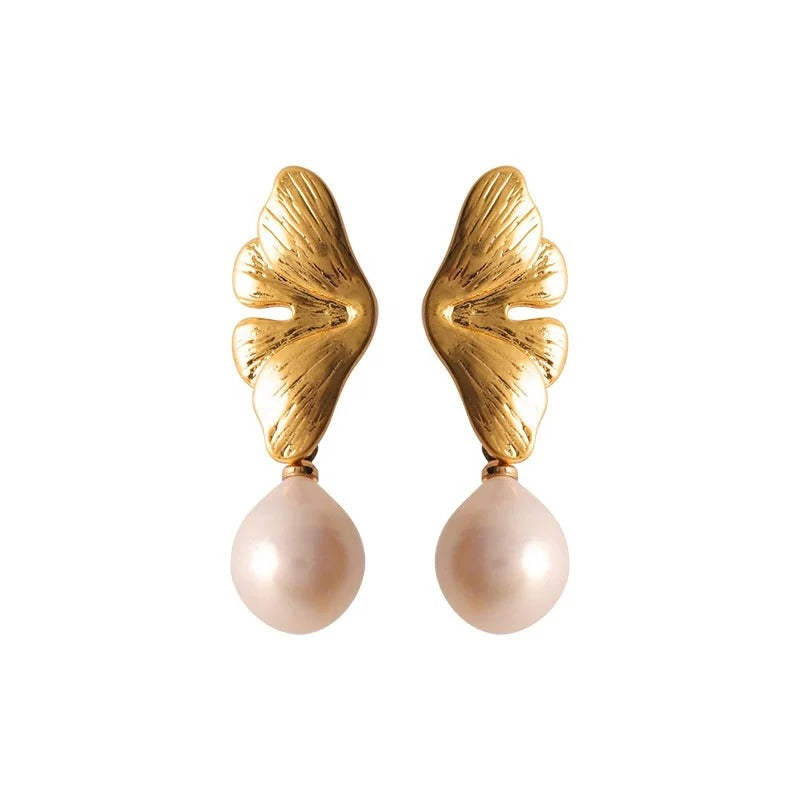 Women’s Gold-Tone Ginkgo Leaf Pearl Drop Earrings – Elegant Statement Jewelry