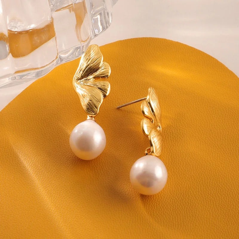 Women’s Gold-Tone Ginkgo Leaf Pearl Drop Earrings – Elegant Statement Jewelry