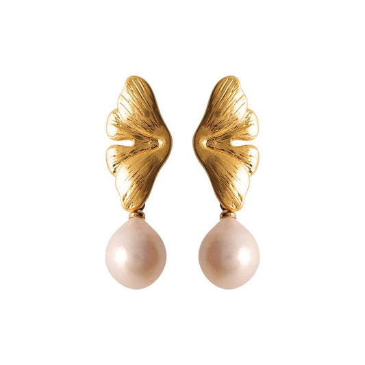 Women’s Gold-Tone Ginkgo Leaf Pearl Drop Earrings – Elegant Statement Jewelry