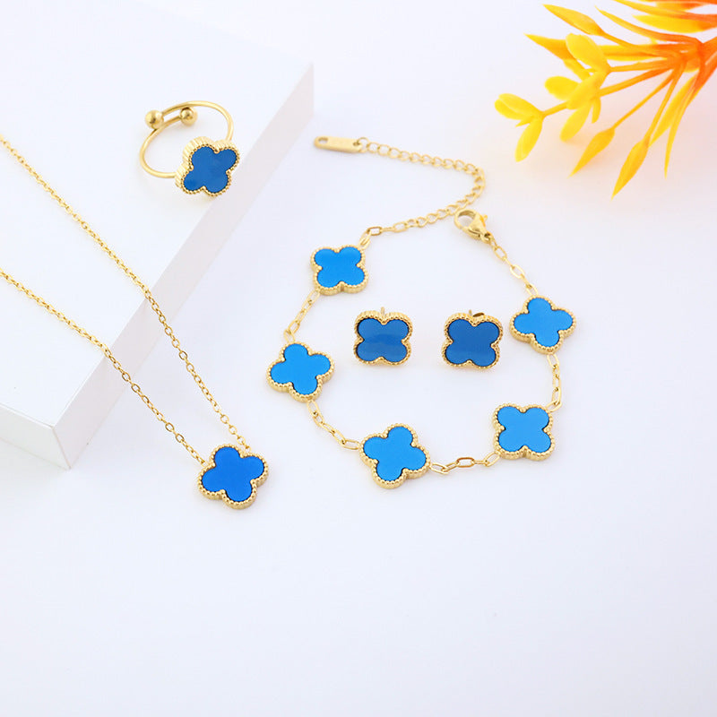 Four-leaf clover cross-border Internet celebrity plated 18k gold double-sided OL mother-of-pearl lucky four-leaf clover bracelet necklace ring earrings