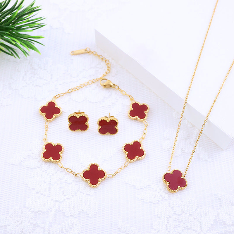 Four-leaf clover cross-border Internet celebrity plated 18k gold double-sided OL mother-of-pearl lucky four-leaf clover bracelet necklace ring earrings