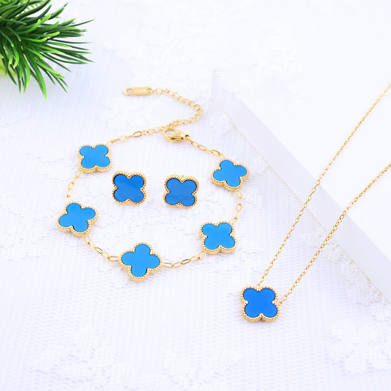 Four-leaf clover cross-border Internet celebrity plated 18k gold double-sided OL mother-of-pearl lucky four-leaf clover bracelet necklace ring earrings