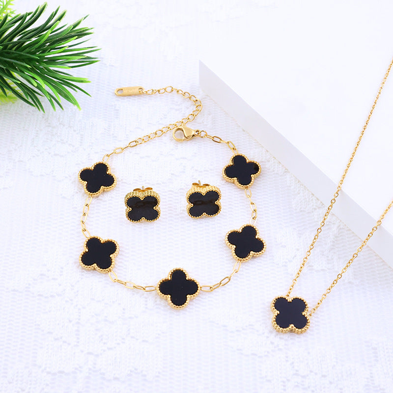 Four-leaf clover cross-border Internet celebrity plated 18k gold double-sided OL mother-of-pearl lucky four-leaf clover bracelet necklace ring earrings