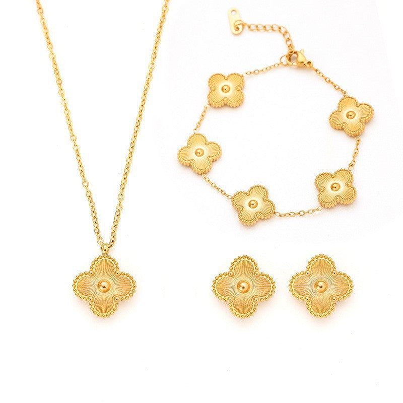 Four-leaf clover cross-border Internet celebrity plated 18k gold double-sided OL mother-of-pearl lucky four-leaf clover bracelet necklace ring earrings