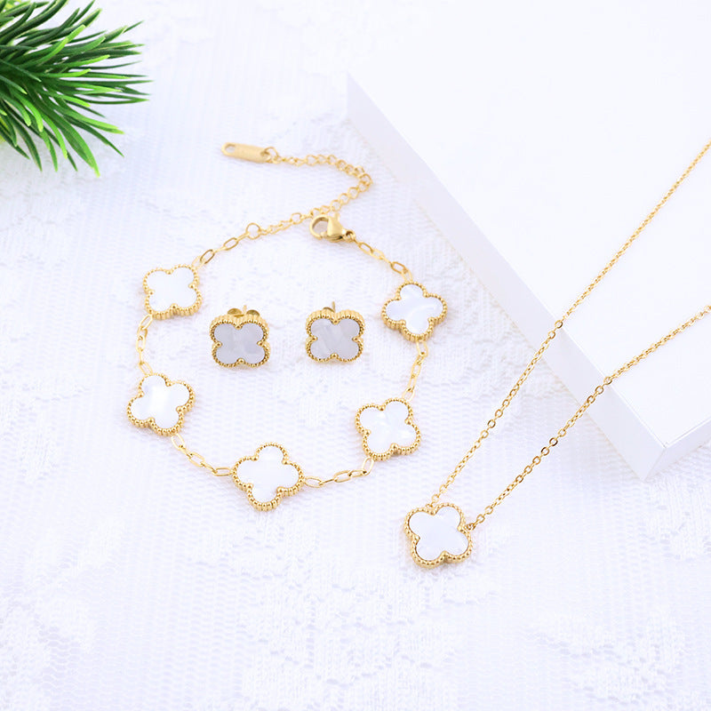 Four-leaf clover cross-border Internet celebrity plated 18k gold double-sided OL mother-of-pearl lucky four-leaf clover bracelet necklace ring earrings