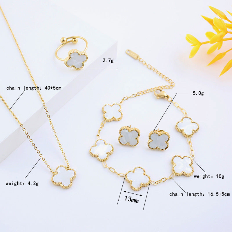 Four-leaf clover cross-border Internet celebrity plated 18k gold double-sided OL mother-of-pearl lucky four-leaf clover bracelet necklace ring earrings