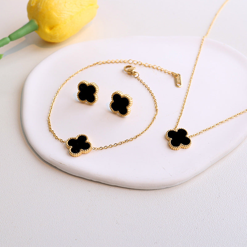Four-leaf clover cross-border Internet celebrity plated 18k gold double-sided OL mother-of-pearl lucky four-leaf clover bracelet necklace ring earrings