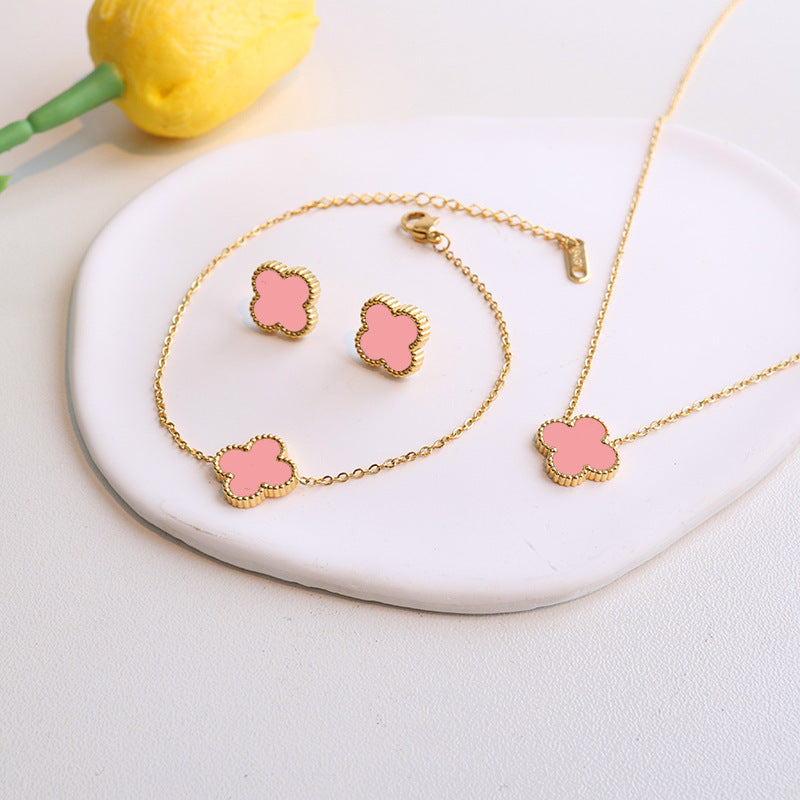 Four-leaf clover cross-border Internet celebrity plated 18k gold double-sided OL mother-of-pearl lucky four-leaf clover bracelet necklace ring earrings