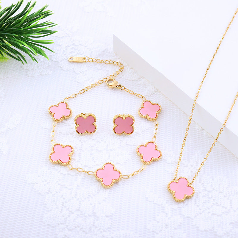 Four-leaf clover cross-border Internet celebrity plated 18k gold double-sided OL mother-of-pearl lucky four-leaf clover bracelet necklace ring earrings