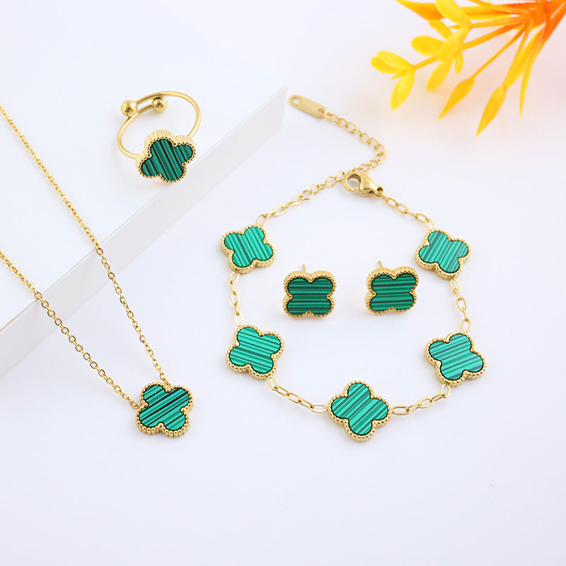 Four-leaf clover cross-border Internet celebrity plated 18k gold double-sided OL mother-of-pearl lucky four-leaf clover bracelet necklace ring earrings