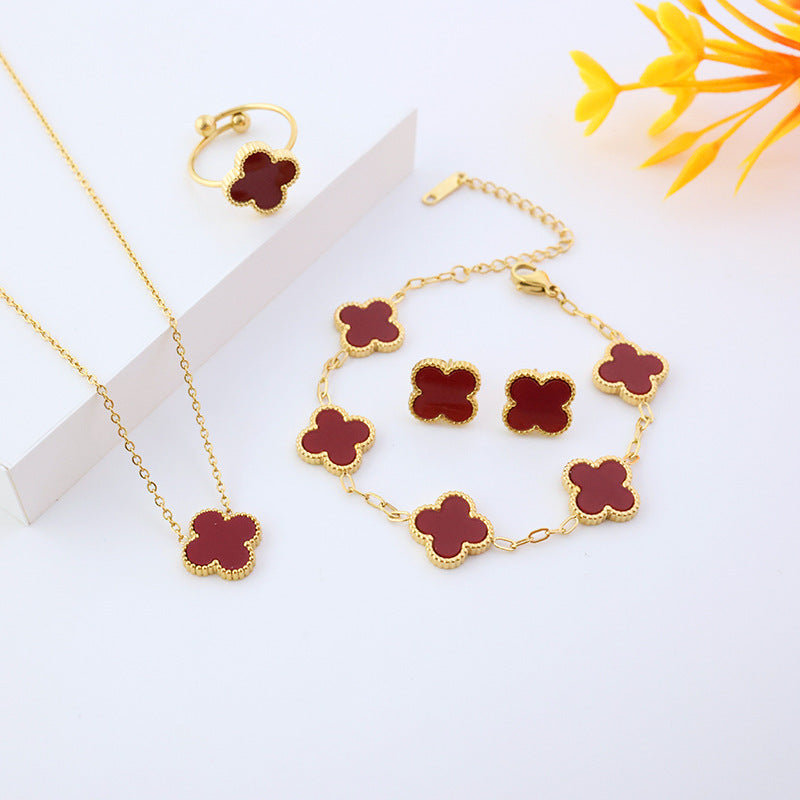 Four-leaf clover cross-border Internet celebrity plated 18k gold double-sided OL mother-of-pearl lucky four-leaf clover bracelet necklace ring earrings