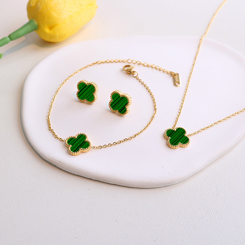 Four-leaf clover cross-border Internet celebrity plated 18k gold double-sided OL mother-of-pearl lucky four-leaf clover bracelet necklace ring earrings