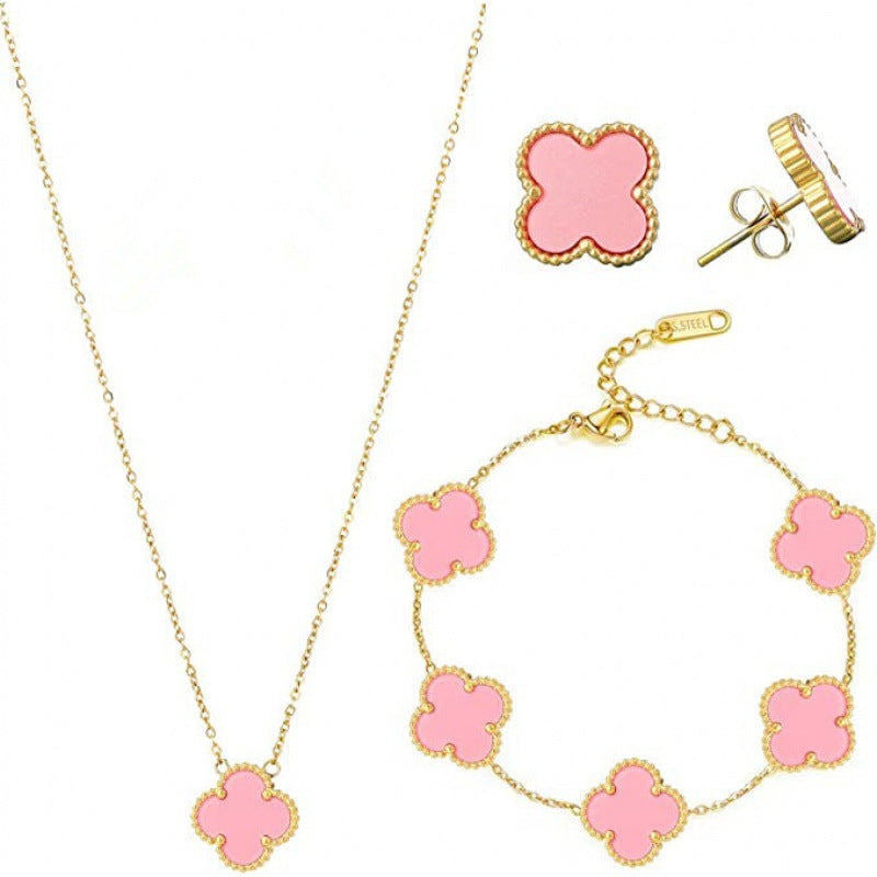 Four-leaf clover cross-border Internet celebrity plated 18k gold double-sided OL mother-of-pearl lucky four-leaf clover bracelet necklace ring earrings