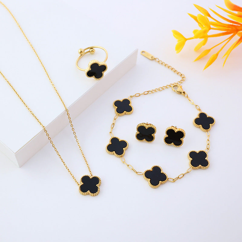 Four-leaf clover cross-border Internet celebrity plated 18k gold double-sided OL mother-of-pearl lucky four-leaf clover bracelet necklace ring earrings