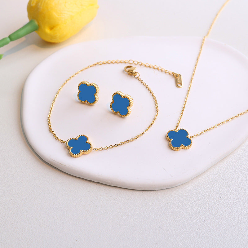 Four-leaf clover cross-border Internet celebrity plated 18k gold double-sided OL mother-of-pearl lucky four-leaf clover bracelet necklace ring earrings