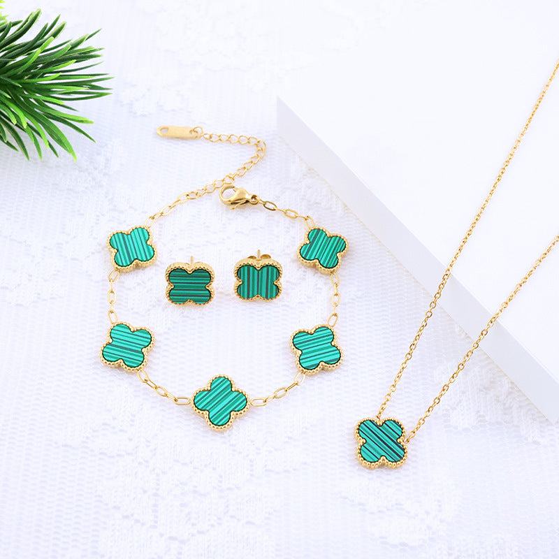 Four-leaf clover cross-border Internet celebrity plated 18k gold double-sided OL mother-of-pearl lucky four-leaf clover bracelet necklace ring earrings