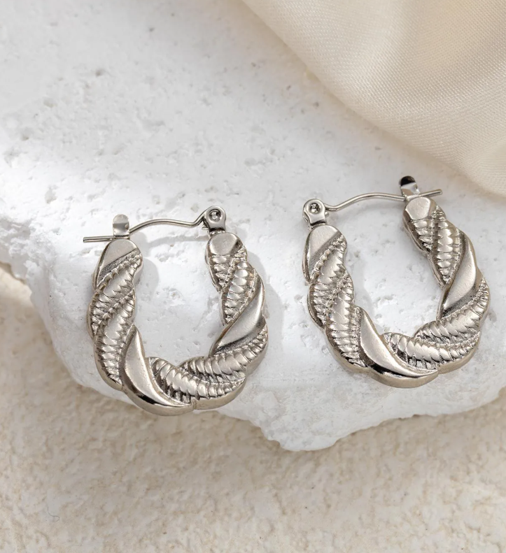 Women’s Silver-Tone Stainless Steel Chain Link Earrings – Minimalist Geometric Style