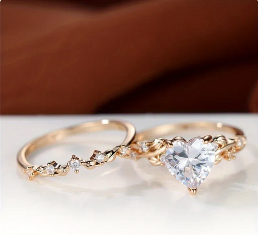 Gold Red Heart Zircon 2-Piece Stackable Ring Set for Women