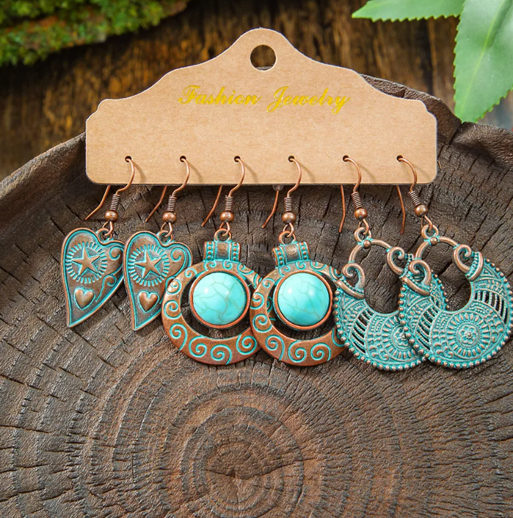 Women’s 3-Pair Vintage Bohemian Turquoise Tassel Dangle Earrings Set
