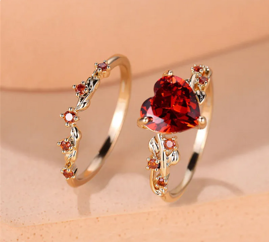 Gold Red Heart Zircon 2-Piece Stackable Ring Set for Women