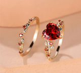 Gold Red Heart Zircon 2-Piece Stackable Ring Set for Women