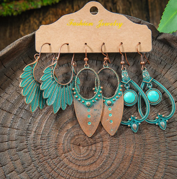 Women’s 3-Pair Vintage Bohemian Turquoise Tassel Dangle Earrings Set