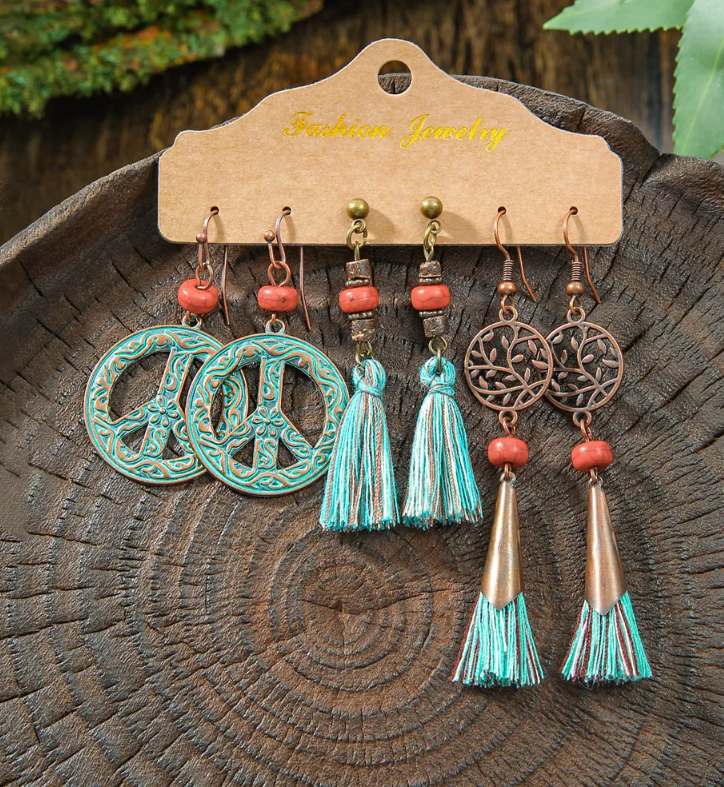 Women’s 3-Pair Vintage Bohemian Turquoise Tassel Dangle Earrings Set