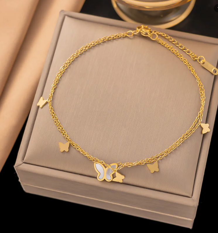 Women's Gold-Plated Double-Layer White Shell Butterfly Anklet