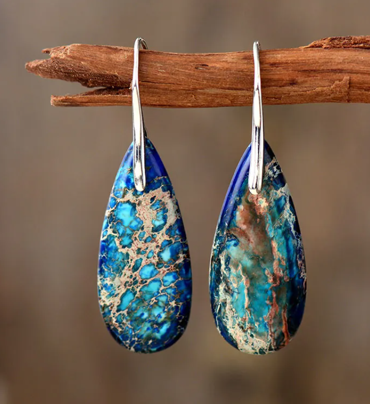 Women’s Natural Stone Teardrop Drop Earrings – Boho Mosaic Jewelry