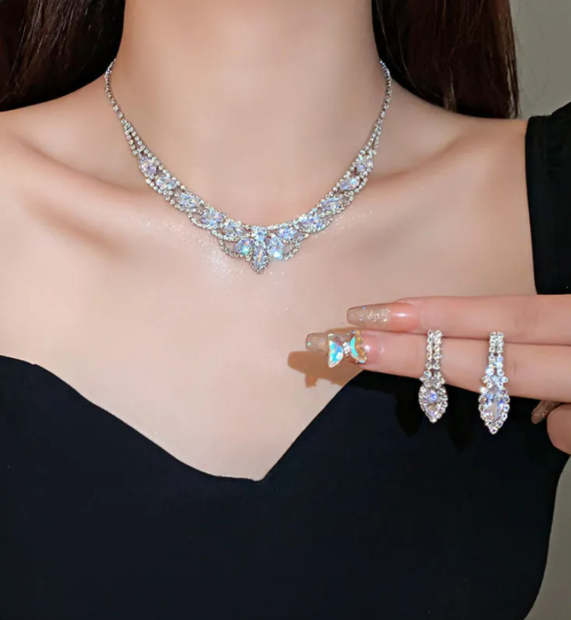 Rhombus Oval Water Drop Zirconia Necklace & Earrings Set for Women – Elegant